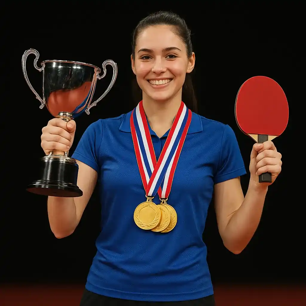 زن قهرمان پینگ پنگ با چندین مدال قهرمانی