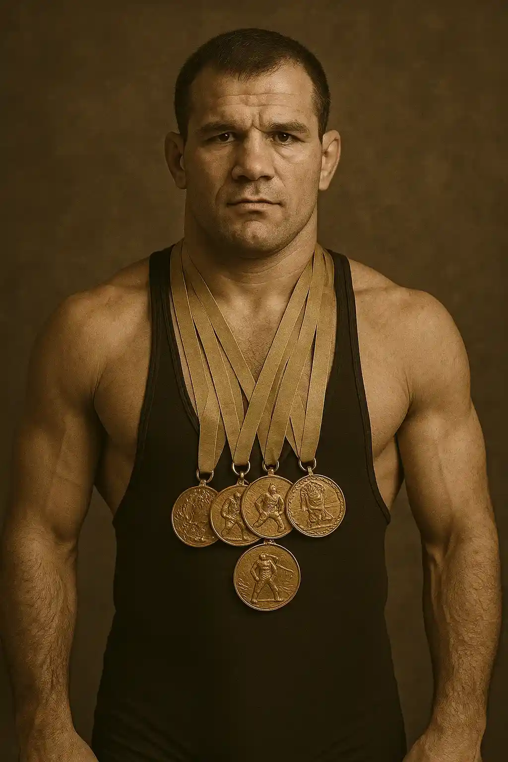 یک کشتی گیر کلاسیک با تعداد زیادی مدال قهرمانی بر گردنش