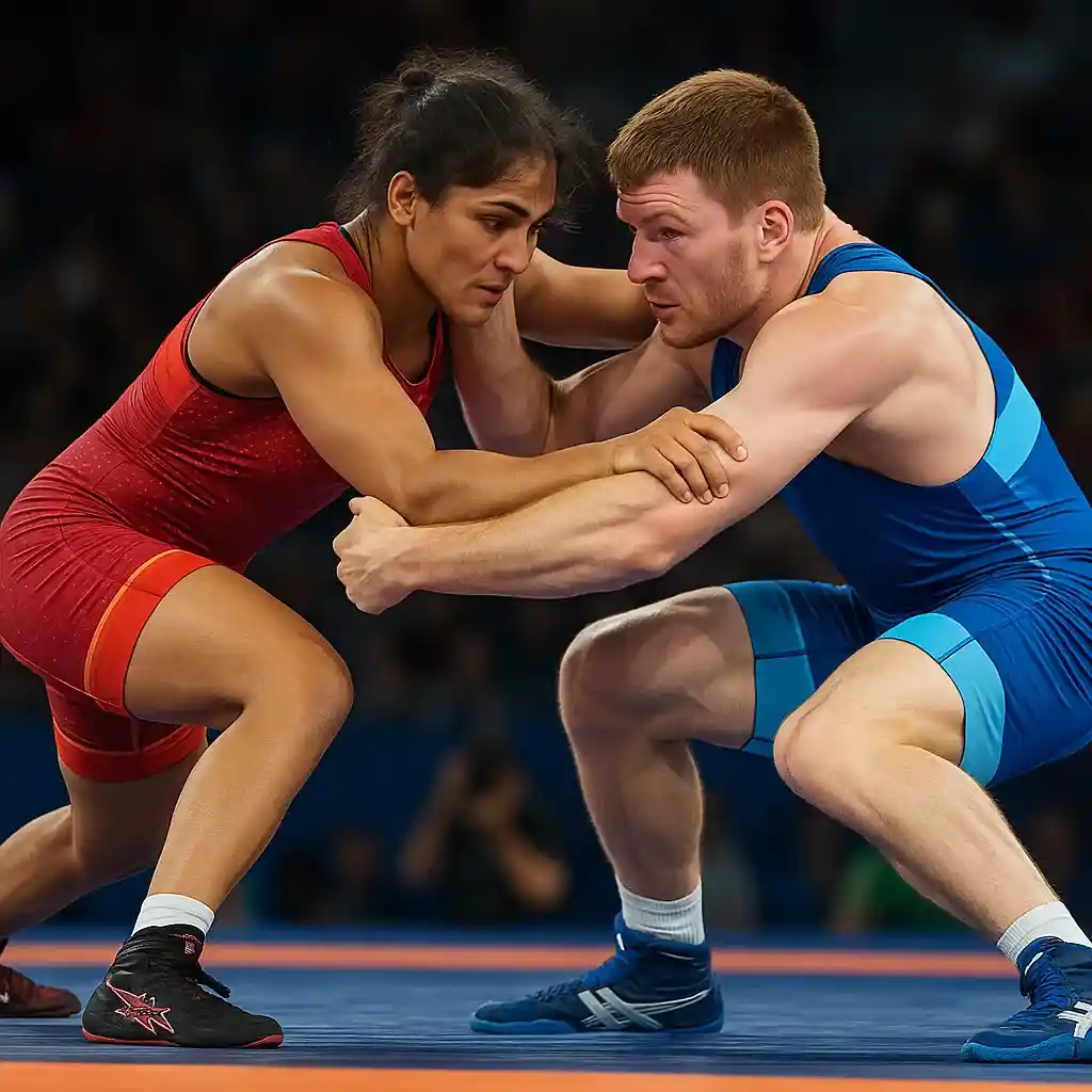 یک مرد و زن در حال کشتی گرفتن در تشک کشتی