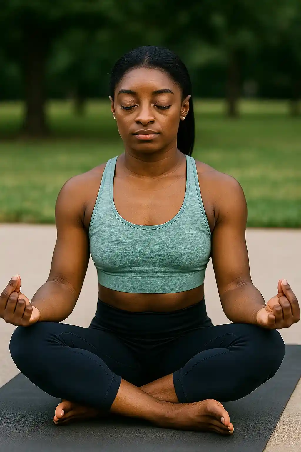 سیمون بایلز قهرمان ژیمناستیک در حال یوگا و مراقبه