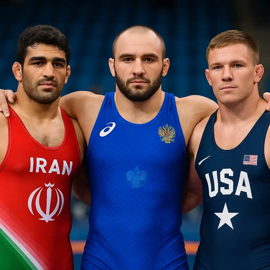 سه کشتی گیر در کنار هم ایرانی روس امریکایی