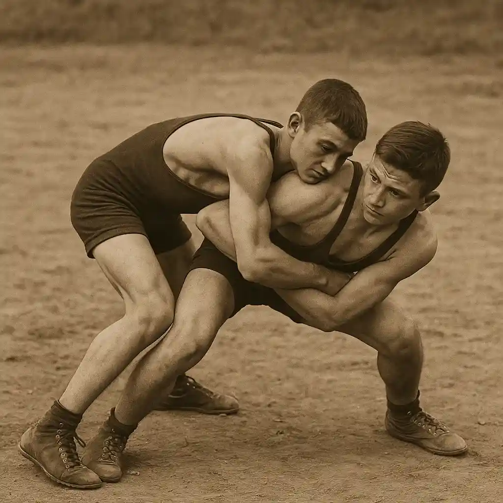 عکس سیاه سفید و قدیمی دو جوان در حال کشتی گرفتن در زمین خاکی