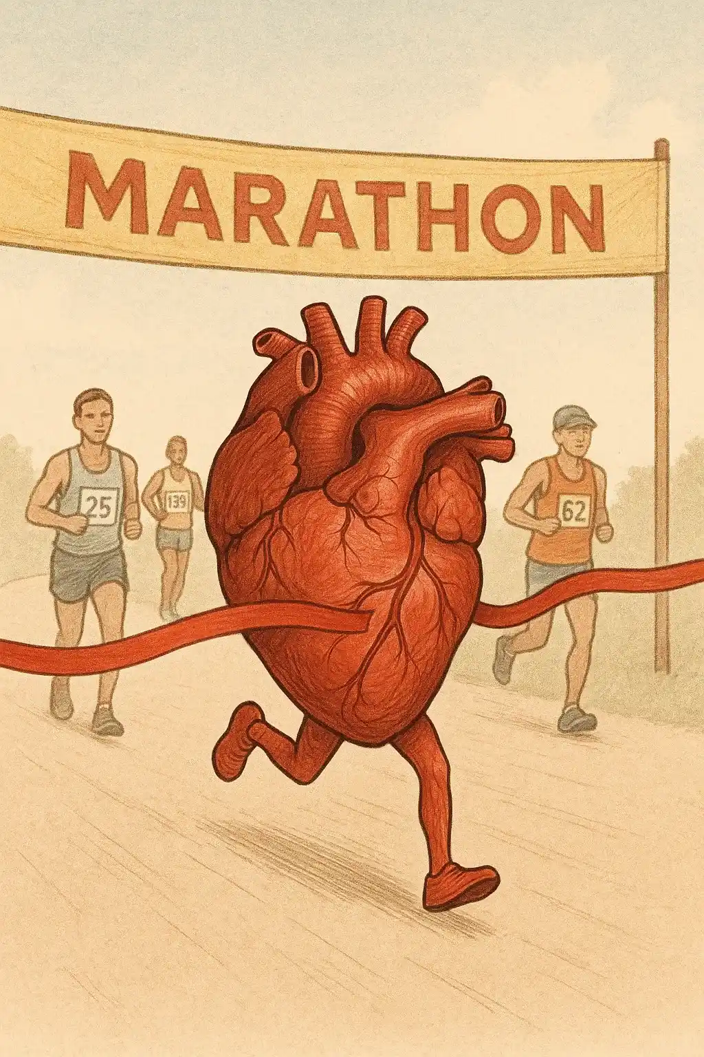 تصویر مسابقه ماراتون که قلب مثل یک دونده جلوتر از بقیه خط پایان رو رد می‌کنه.