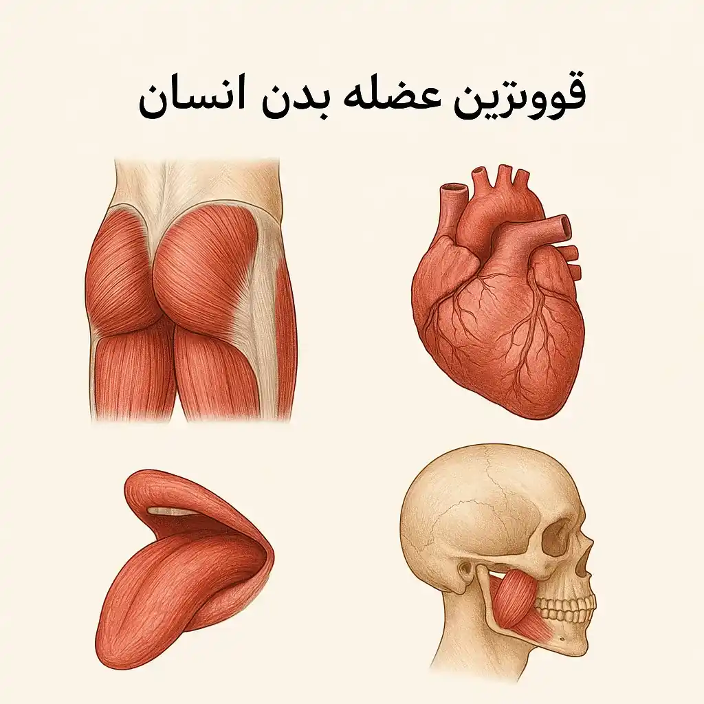 تصویری که چهار عضله (گلوتئوس ماکسیموس، قلب، زبان، ماستر) رو به صورت دیاگرام در یک قاب نشون می‌ده.