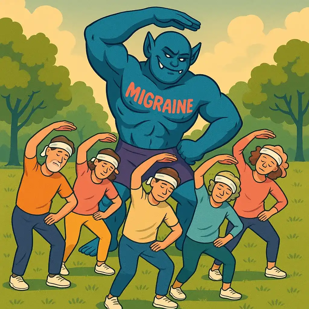 تصویر کارتونی از غول بزرگ نئونی با نوشته MIGRAINE روی بدنش که در پارک به گروهی از مردم حرکات کششی آموزش می‌دهد