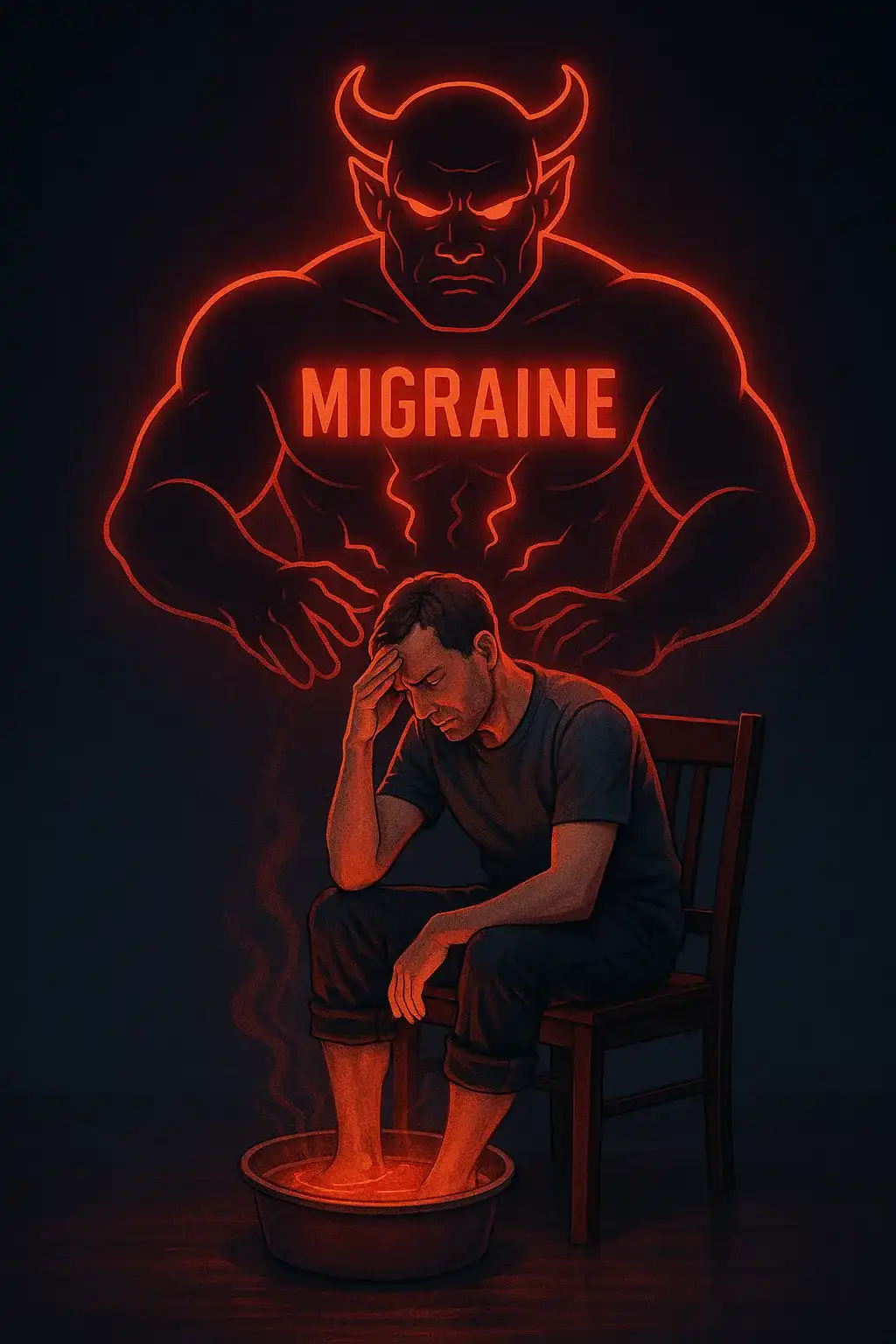 تصویر نئونی از مردی که پایش را در تشت آب گرم گذاشته و از شدت درد سرش را گرفته، در حالی‌که سایه غول میگرن پشت سرش دیده می‌شود