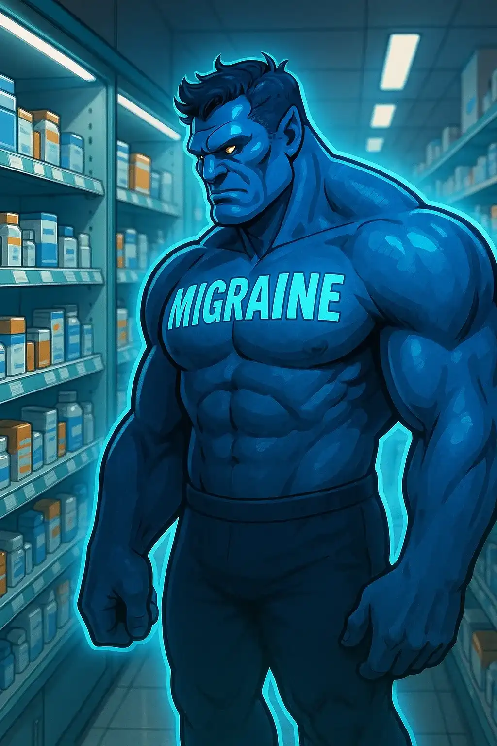 تصویر نئونی از غول بزرگ با نوشته MIGRAINE روی بدنش که درون داروخانه‌ای مدرن به قفسه‌های دارو نگاه می‌کند