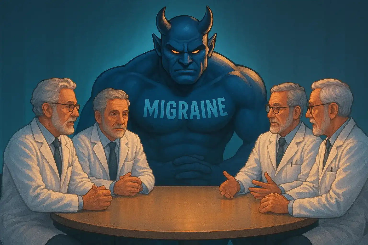 تصویر هنری از چند پزشک با روپوش سفید که در کنار غول میگرن پشت میز گرد در حال گفت‌وگو هستند