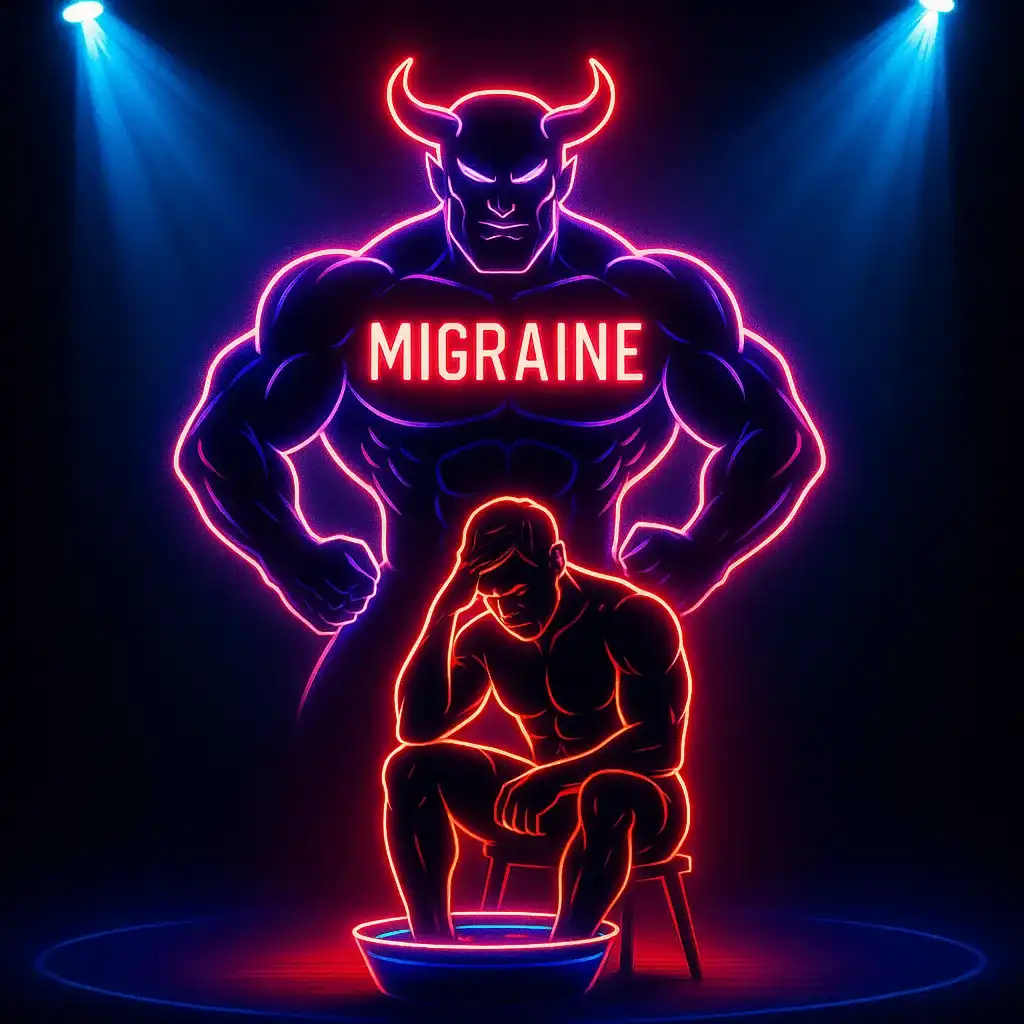 تصویر مفهومی از غول نئونی با نوشته MIGRAINE که روی صحنه‌ای تاریک زیر نورافکن‌ها فیگور گرفته است