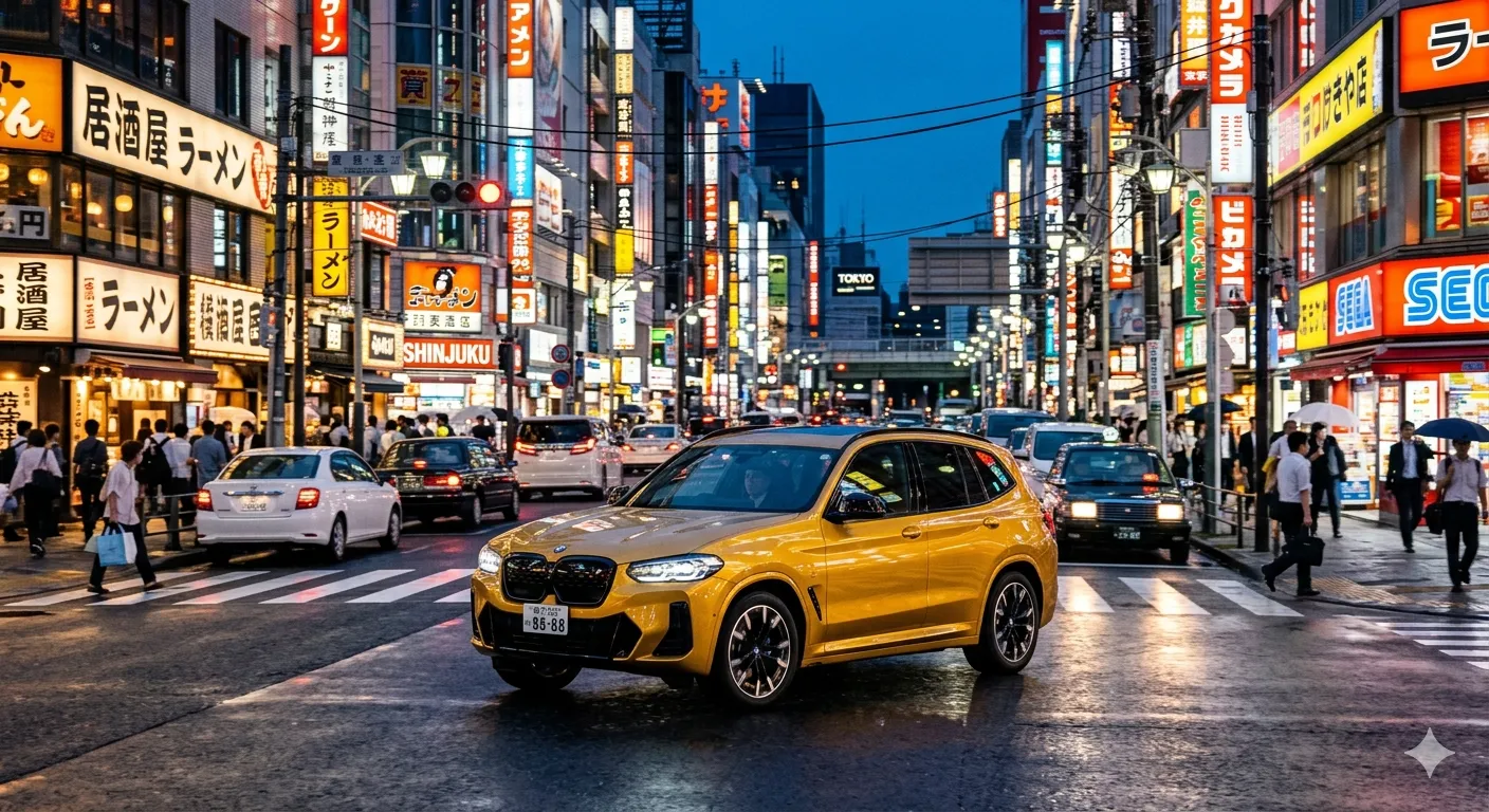 BMW iX3 طلایی رنگ در خیابان های توکیو